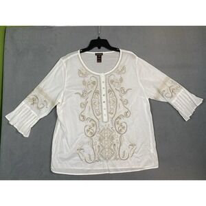 Women's XL Sheer Embroidered Boho Blouse White/ Tan Pleated 3/4 Sleeves EUC!!